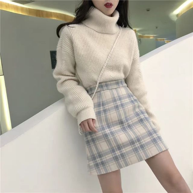 SALE [ORDER+ẢNH THẬT] Set áo len cổ lọ + chân váy dạ ngắn chữ A kẻ ô ulzzang siêu xinh ❤ . | Shopee Việt Nam