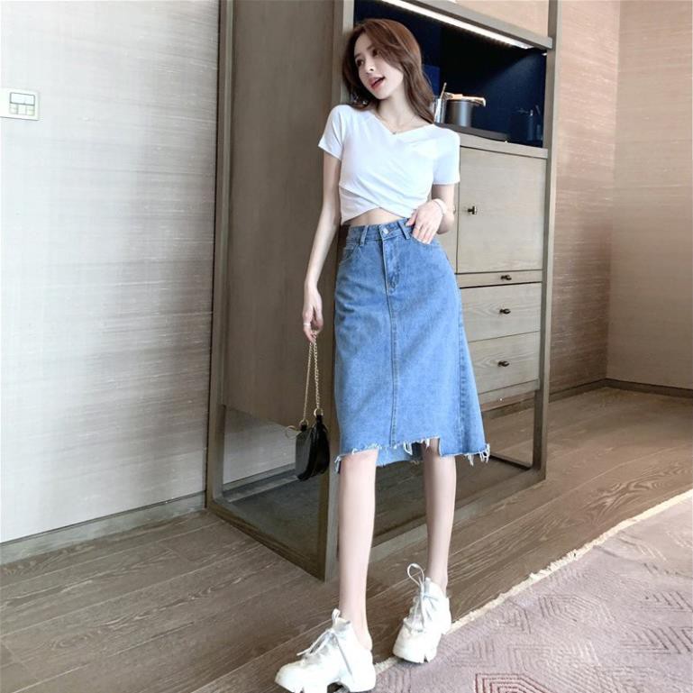 Chân váy jean dài phom chữ A lai rách kiểu, dài qua đầu gối 3760 Molijean 💯 * | Shopee Việt Nam