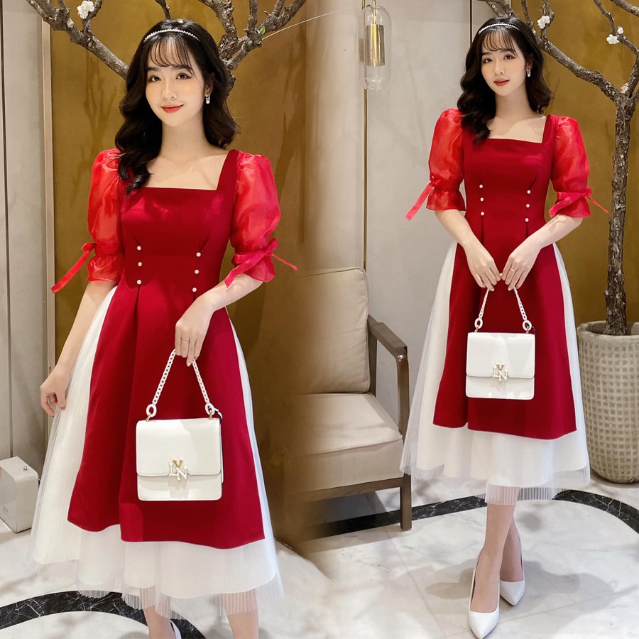 Set áo dài cách tân cổ vuông tay bồng - VBEO368 | Shopee Việt Nam