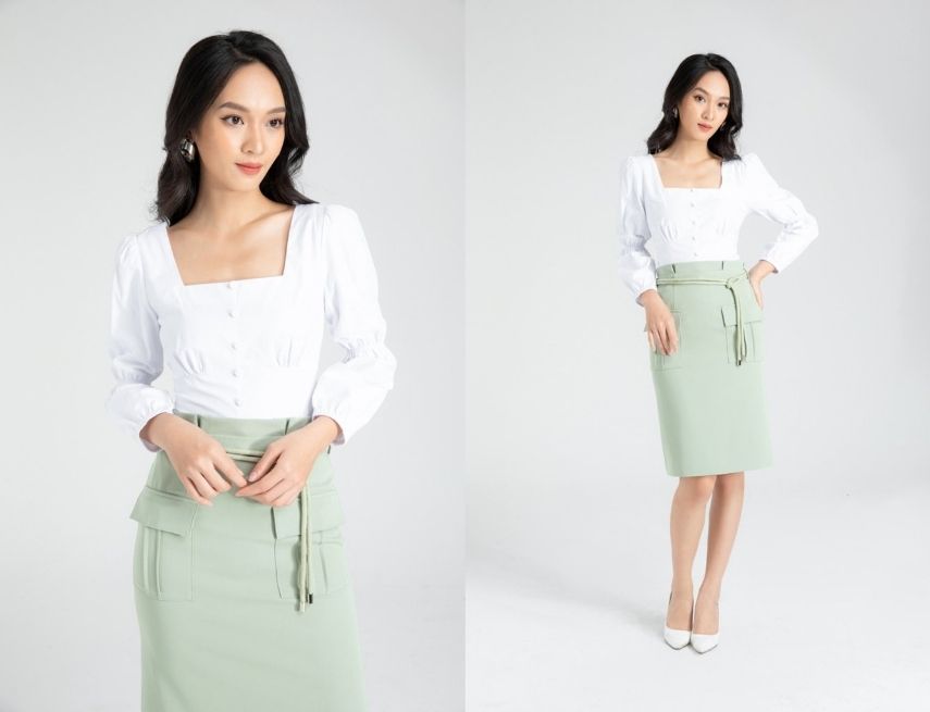 Phối đồ cực xinh cùng áo sơ mi cổ vuông | IVY moda