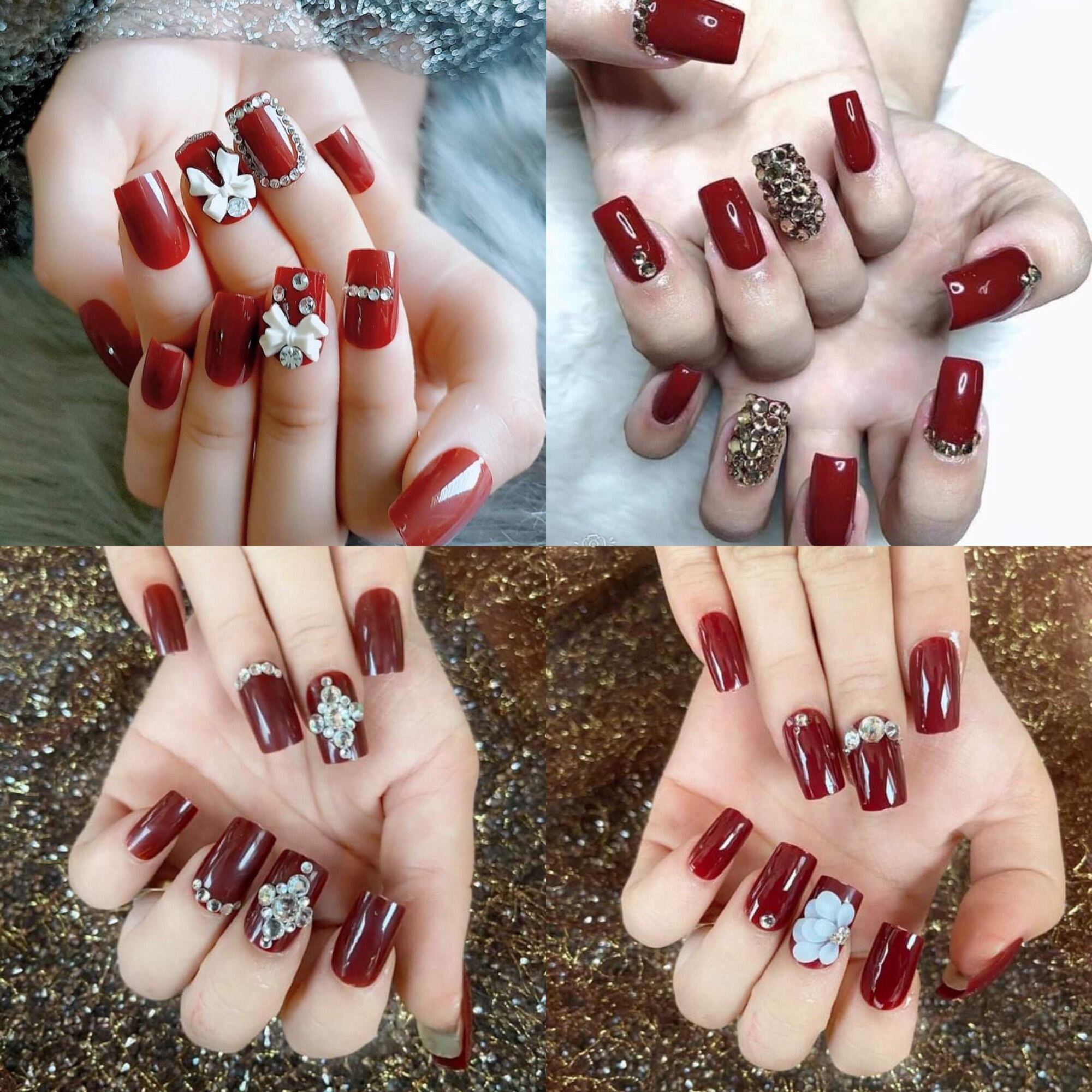 Bộ 24 móng tay giả đính đá giá rẻ/ Móng tay giả màu đỏ đô - Móng giả | TheFaceHolic.com