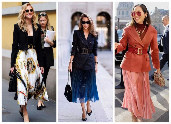 Váy xếp ly dài kết hợp cùng áo khoác blazer