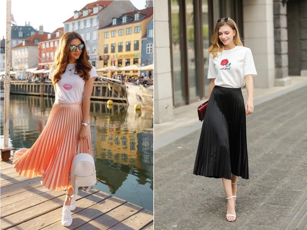 váy xòe dáng dài phối với áo thu trắng 