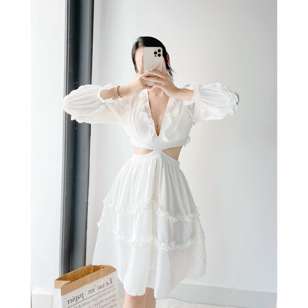 ẢNH THẬT - ĐẦM HOA CỔ V KHOÉT EO HỞ LƯNG | Shopee Việt Nam