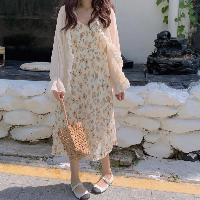 Váy 2 dây hoa nhí nhăn hai lớp phối áo cardigan bèo vải tơ mỏng Ulzzang style 🌸 Hàng quảng Châu | Shopee Việt Nam