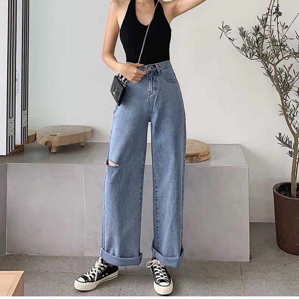 Giảm giá Quần jean ống rộng rách gối v2 simple jeans unisex - BeeCost