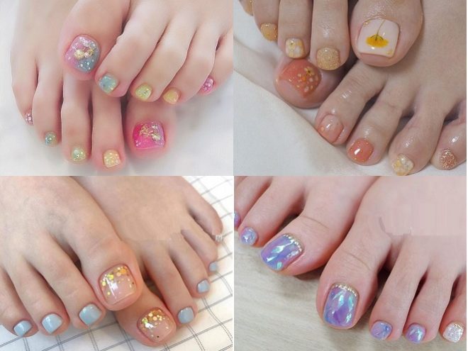 4 kiểu móng chân trang trí hoa khô và đính đá