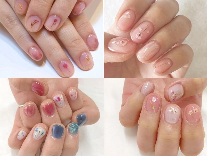 4 kiểu móng tay đính hoa khô màu xanh và hồng