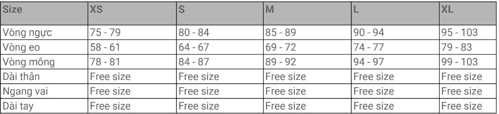 bảng size đầm nữ theo số đo