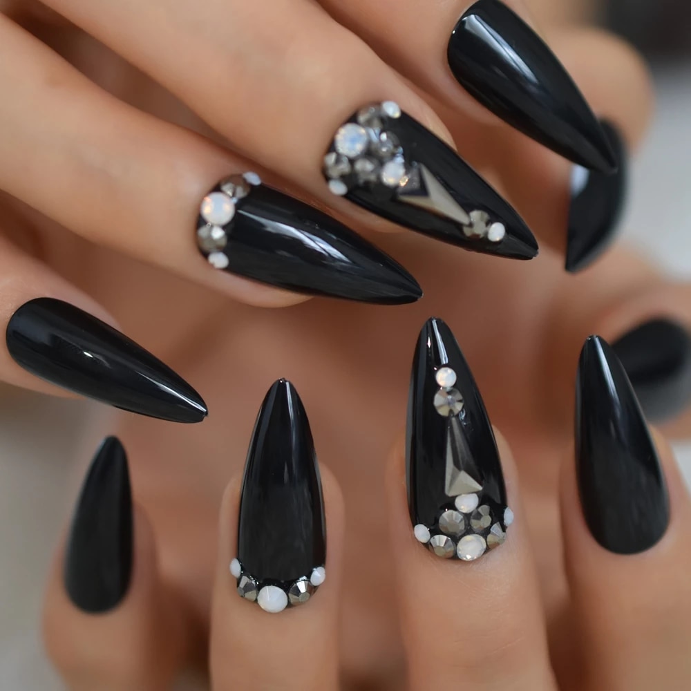 24pcs Black Reusable False Nail Pre design Gems Decorated Stiletto Press On Easy Wear Artificial Nails Art Fake Extension Tips|False Nails| - AliExpress