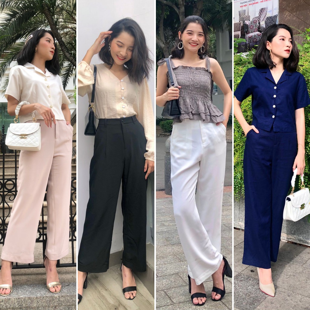 Quần ống rộng nữ lưng cao nút suông dài lưng thường (ko thun sau) 4 màu | Shopee Việt Nam