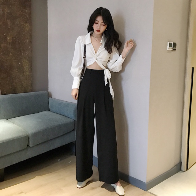 Sẵn quần đen M) Set áo sơ mi croptop và quần ống rộng sang chảnh giảm chỉ còn 220,000 đ