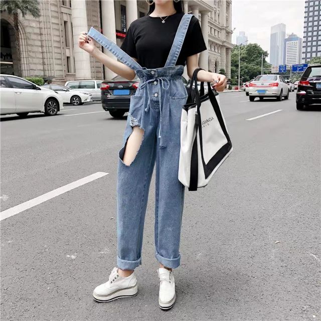 ORDER+ẢNH THẬT] Quần bò yếm rách ulzzang cạp chun siêu xinh ❤ | Shopee Việt Nam