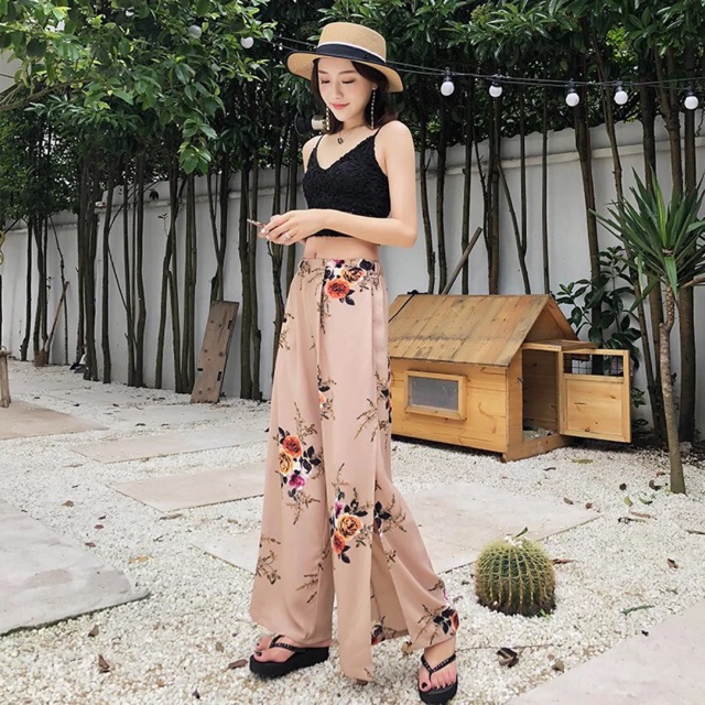 Quần hoa ống rộng xẻ tà [ Quần mặc đi biển thì hết ý ] | Shopee Việt Nam