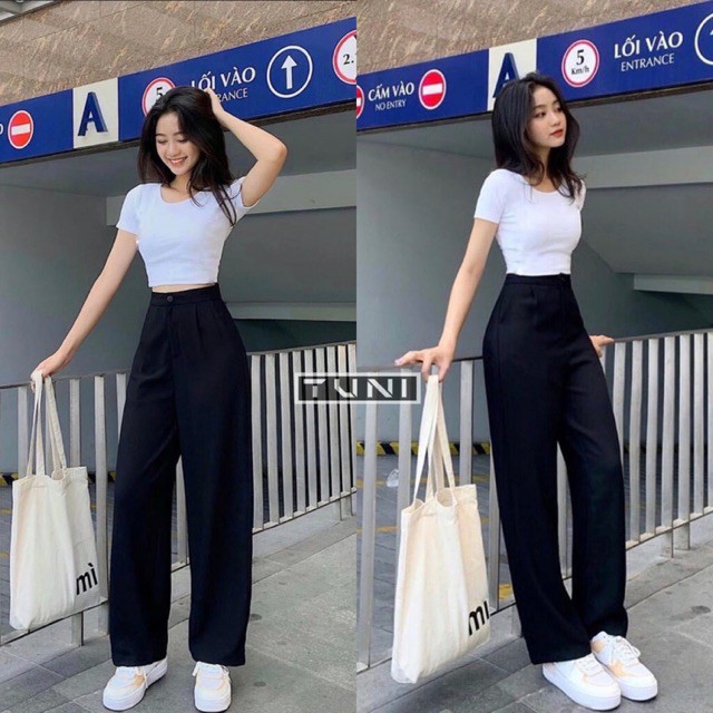 Mã FAMARAL2 giảm 10K đơn 50K] quần ống rộng suông nữ lưng cao khóa trước 1 khuy vải tuyết mưa. | Shopee Việt Nam