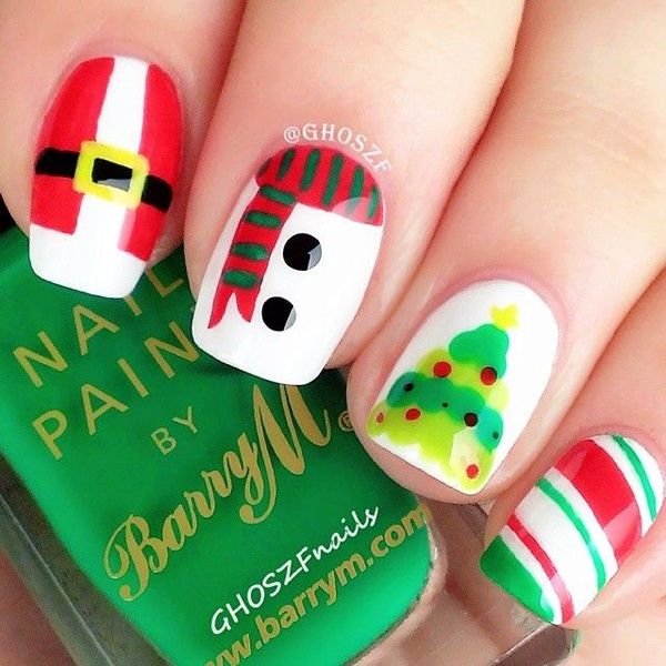 Mẫu trang trí móng tay Noel mix với ông già Noel