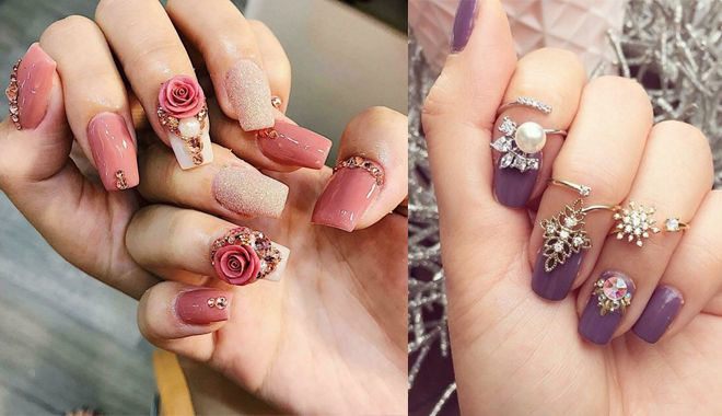 móng tay giả đính đá kết hợp charm nail độc đáo