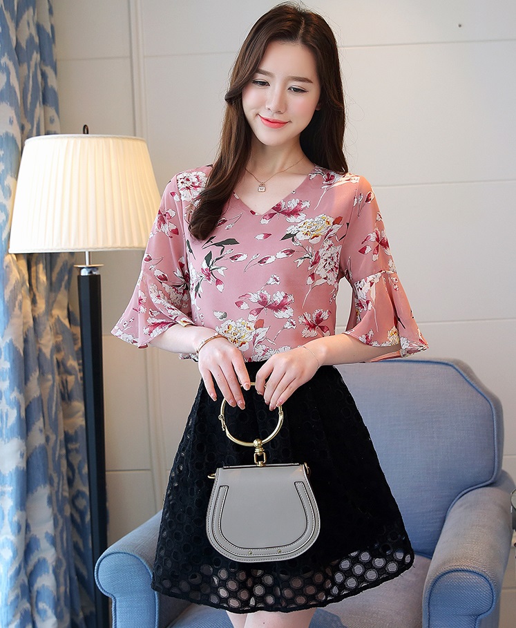 A19110 : Áo voan hoa to tay loe cổ chữ V - yishop.com.vn
