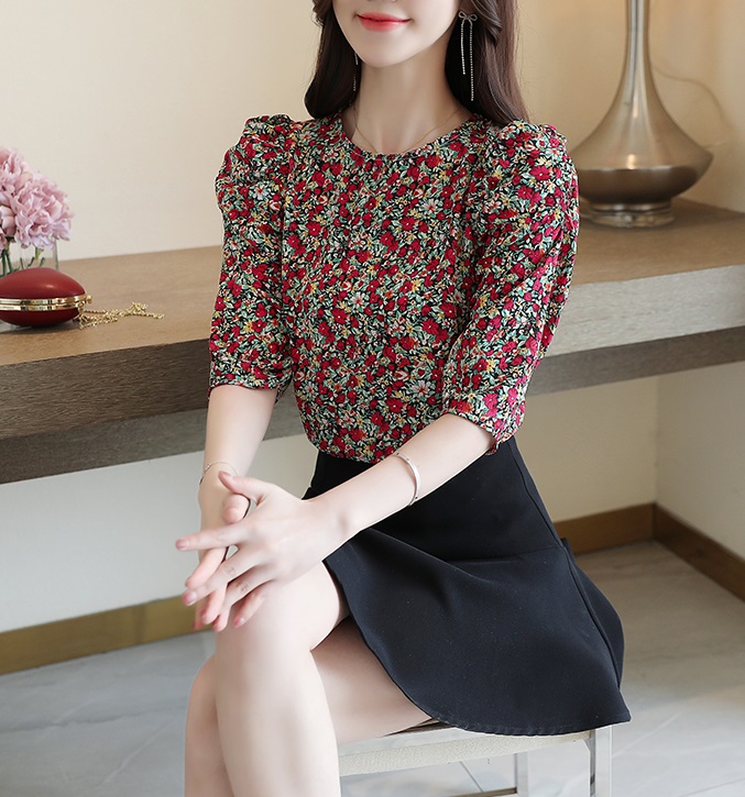 A255 : Áo voan hoa HQ tay lửng phồng cổ tròn - yishop.com.vn