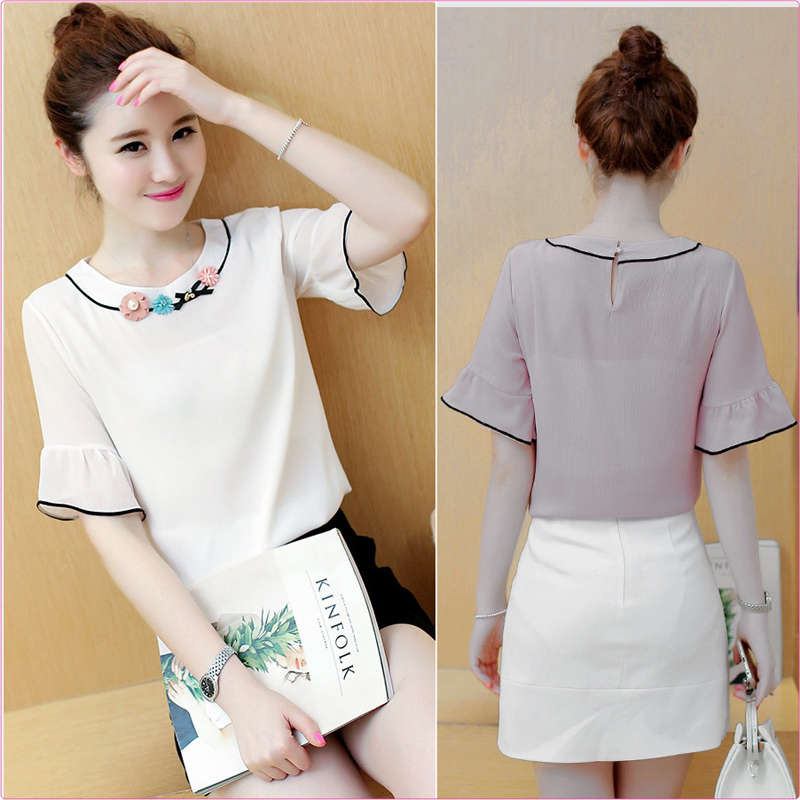 Áo nữ áo kiểu voan xốp nữ cổ tròn tay loe dáng suông cổ đính hoa GLA033