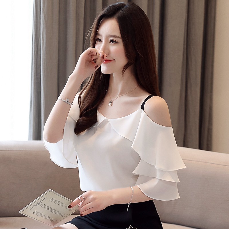 Áo kiểu vải voan trễ vai phong cách Hàn Quốc thanh lịch dành cho nữ | Shopee Việt Nam