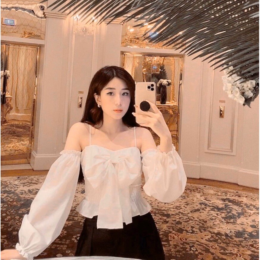 Áo Kiểu Voan Trắng Trễ Vai Phối Nơ Bự Trước Ngực Tay Dài Tiểu Thư TTSA0593 | Shopee Việt Nam