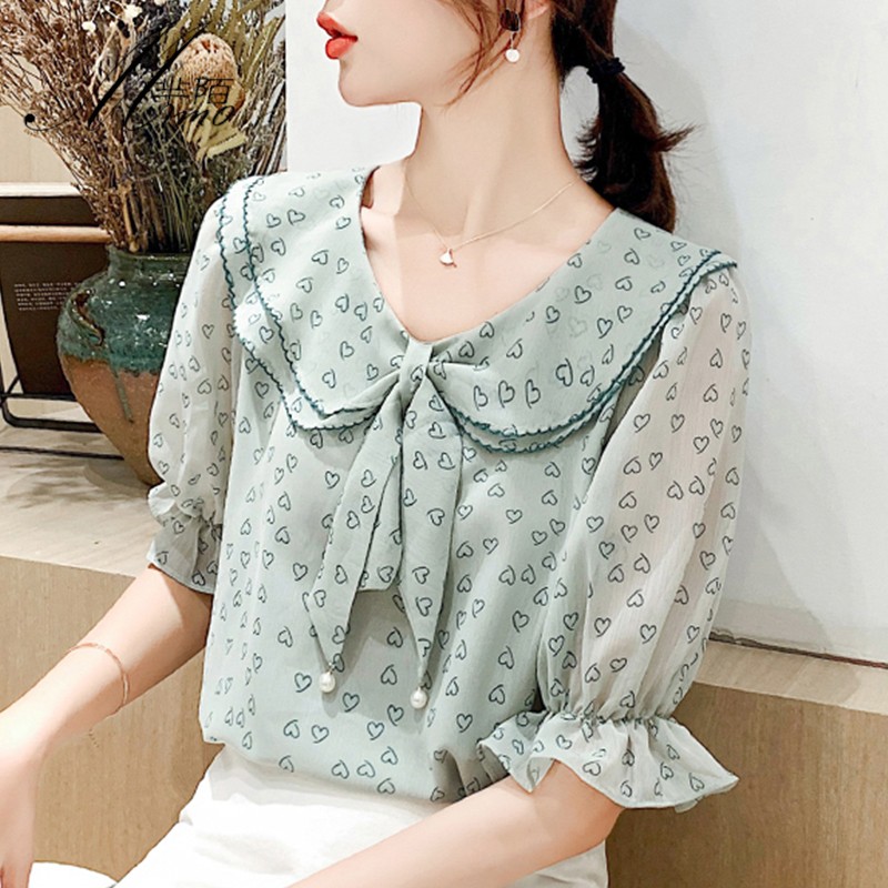 Áo voan kiểu cổ bèo nơ họa tiết trái tim | Shopee Việt Nam
