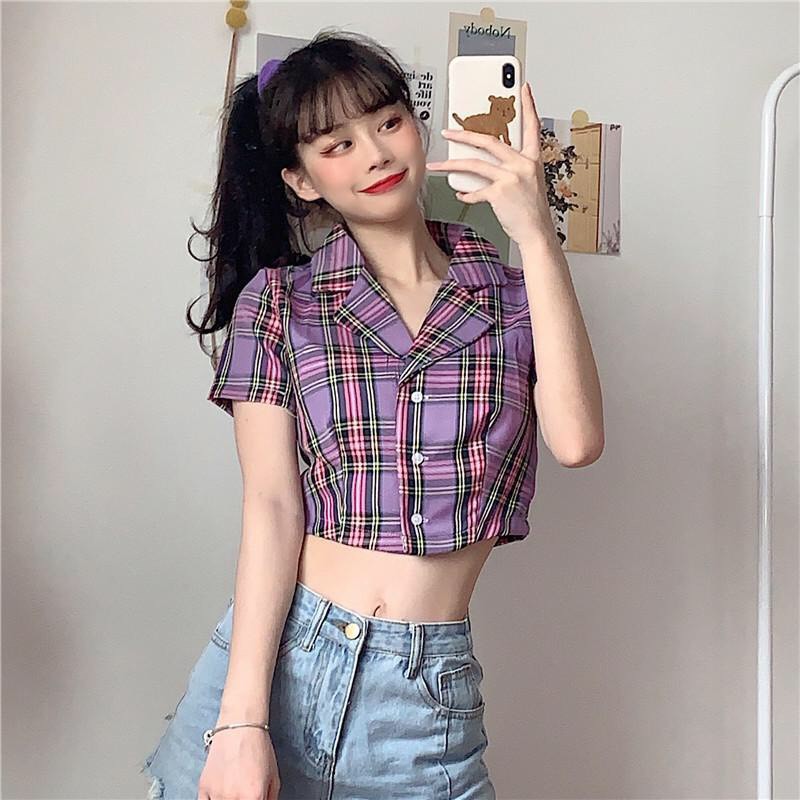 ÁO SƠ MI CROPTOP TAY NGẮN KẺ SỌC CARO THỜI TRANG CHO NỮ - CROPTOP CARO KẺ TÍM ĐEN ĐỎ HỒNG VÀNG XANH | Shopee Việt Nam