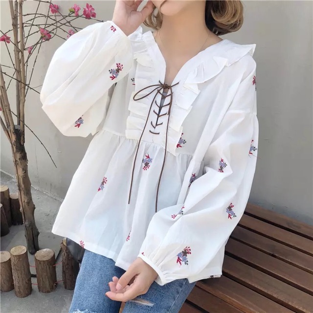 áo babydoll áo sơ mi nữ đẹp sơ mi ulzzang áo kiểu bbd dáng Hàn Quốc bánh bèo tay bồng | Shopee Việt Nam
