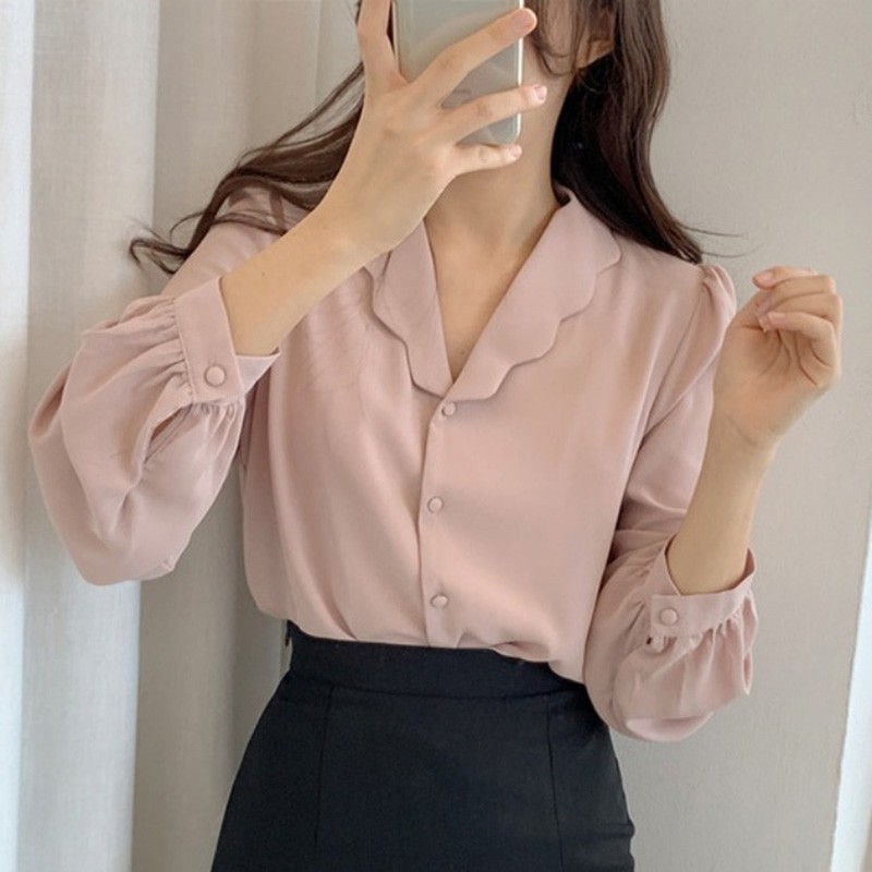 Áo sơ mi nữ cổ thủ thư viền bèo trơn thanh lịch | Shopee Việt Nam