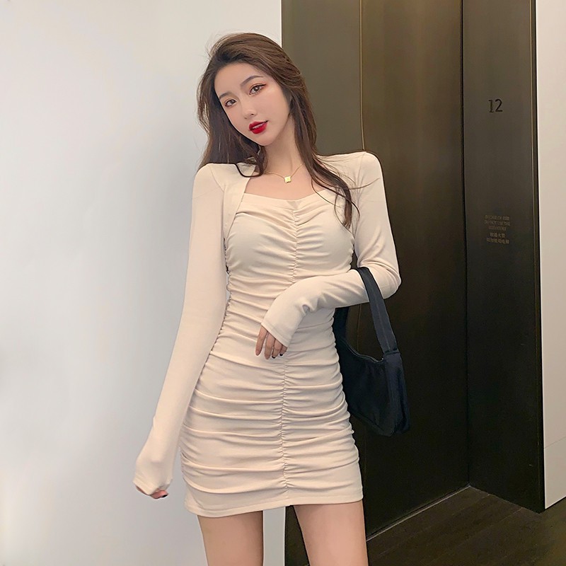 Lila] Đầm ôm body tay dài nhún cotton dày dặn, cổ vuông - TAOBAO | Shopee Việt Nam