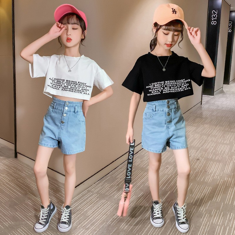 SALE] BV58⚡Size110-160 (12-45kg)⚡set áo croptop+quần jean lưng cao bé gái⚡Thời trang trẻ Em hàng quảng châu freeship | Lazada.vn