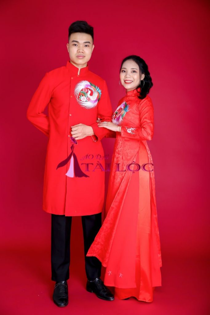 Áo dài Cặp Đỏ Gấm Thêu | Áo Dài Cưới Tài Lộc CN2