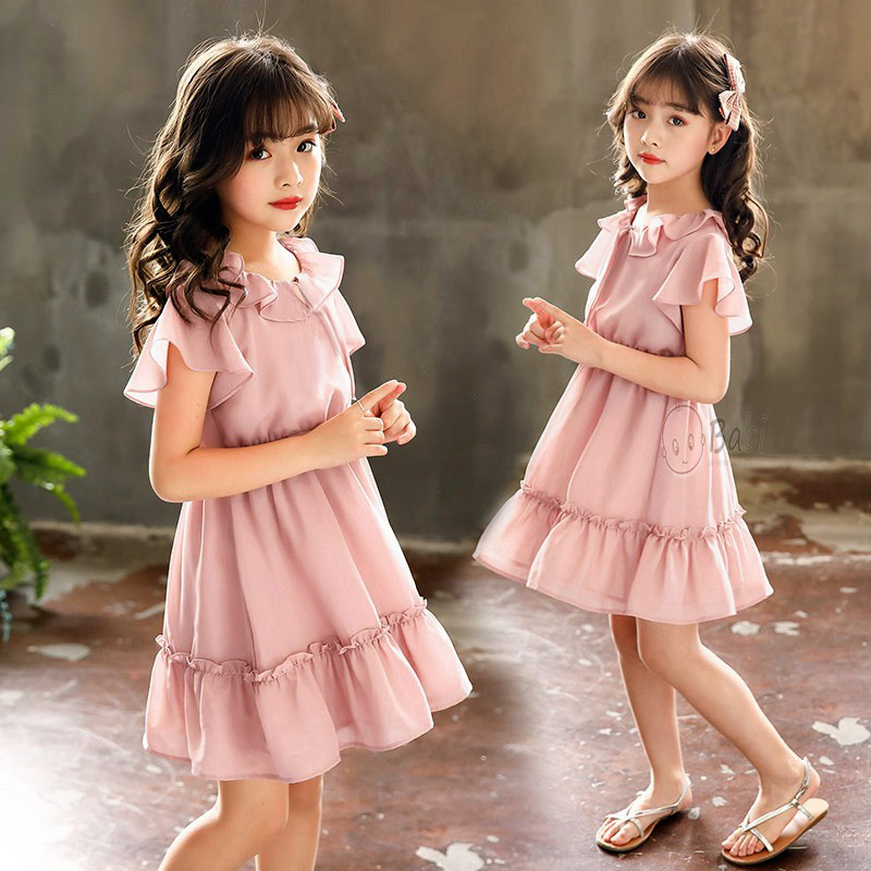 Đầm Voan Cho Bé Gái Trơn Bèo Cổ Tiểu Thư Tay Cánh Dơi (2 - 7 tuổi)