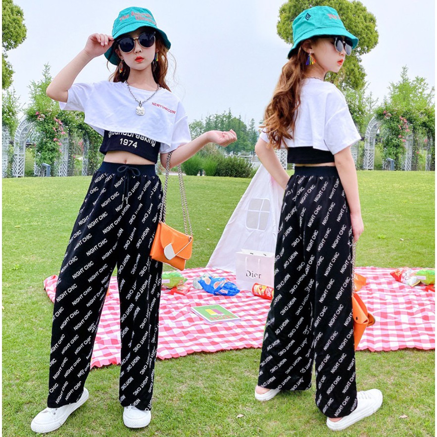 Set bộ 2 áo croptop quần ống rộng bé gái size đại 26 đến 45kg M034 - Áo thun | BiBiOne.vn