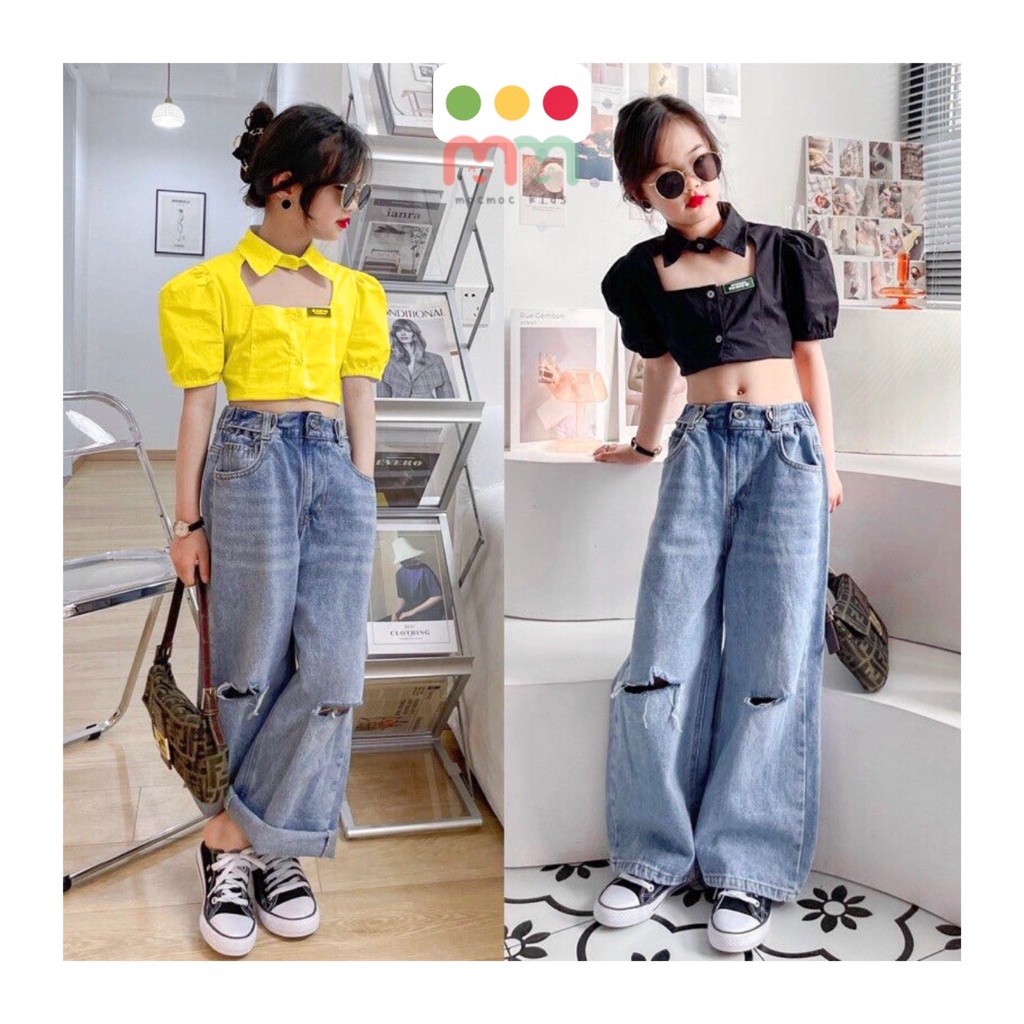 Mua Áo sơ mi croptop bé gái, tay phồng kiểu Hàn Quốc chất kate chuẩn form dáng cá tính dễ thương cho bé 25kg đến 41kg giá rẻ nhất | TecKi.Vn