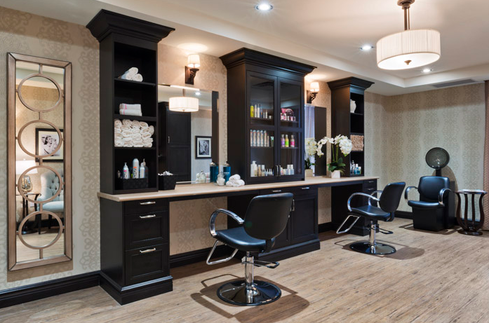 LIKES: built-in cabinetry, classic timeless design, two stations, perhaps have wash basin built into stati… | Hair stations, Classic salon, Senior living facilities