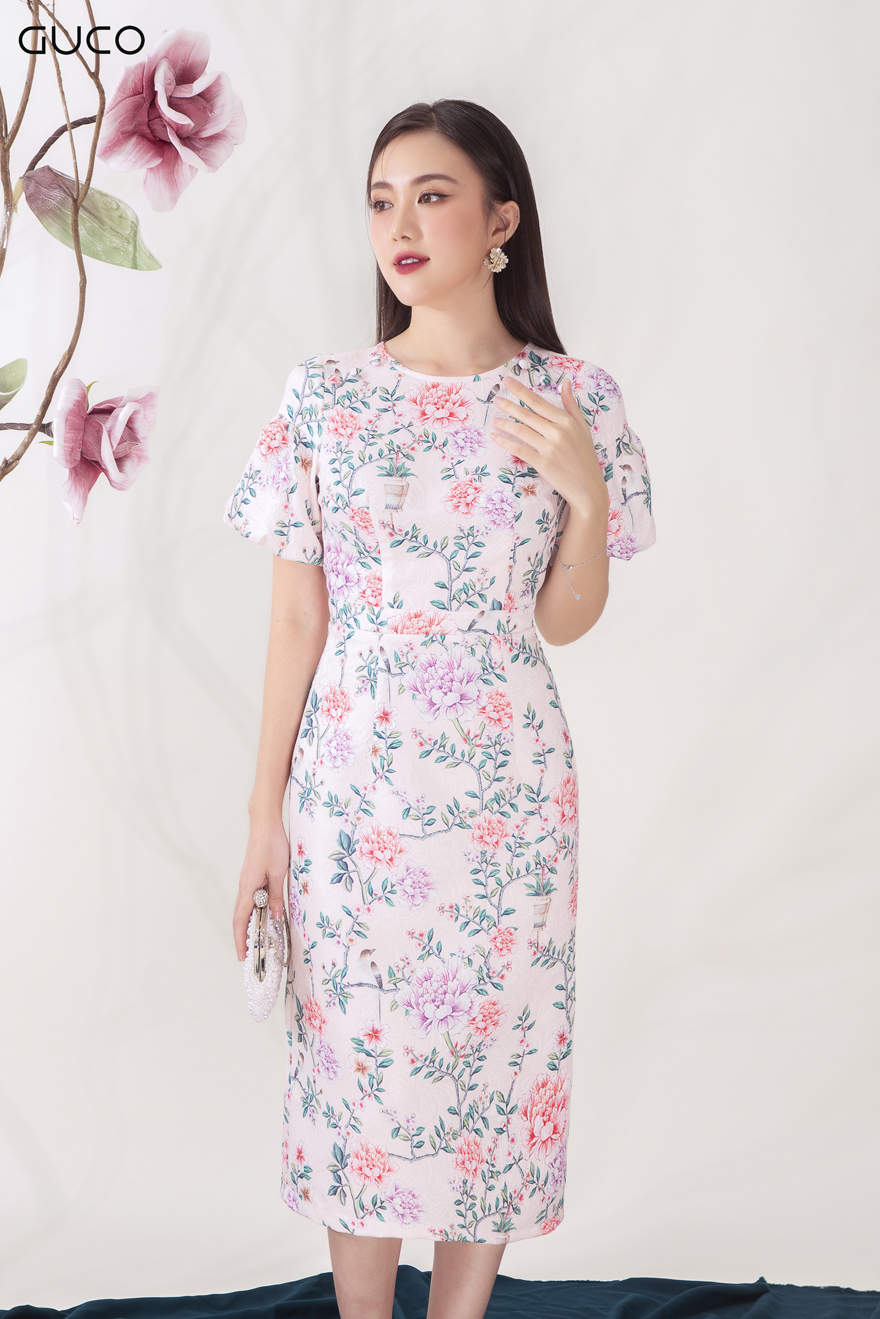 Đầm chữ A in hoa tay bí 3815 - Hồng