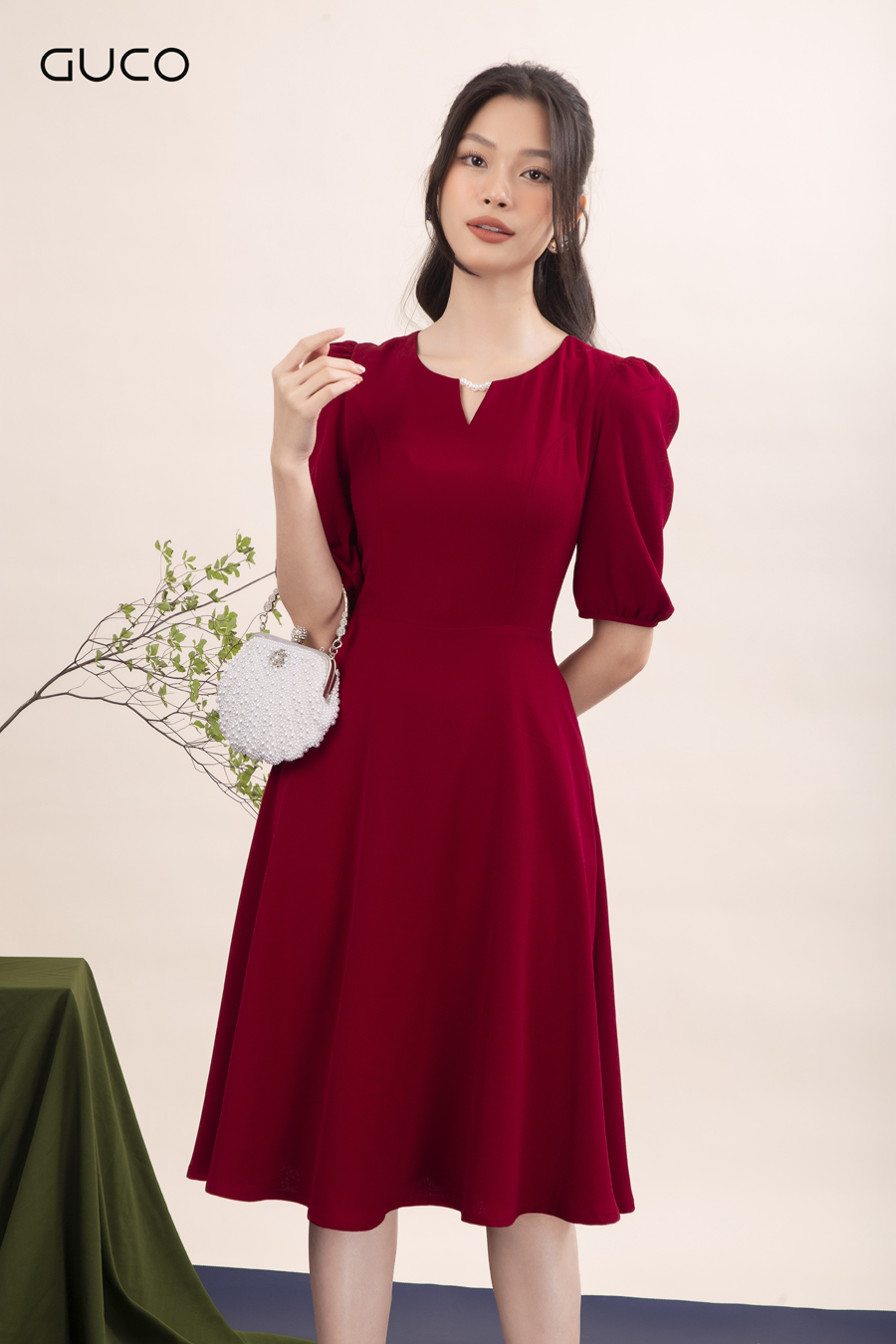 Đầm xòe cổ giọt nước kết ngọc trai tay lỡ 3712